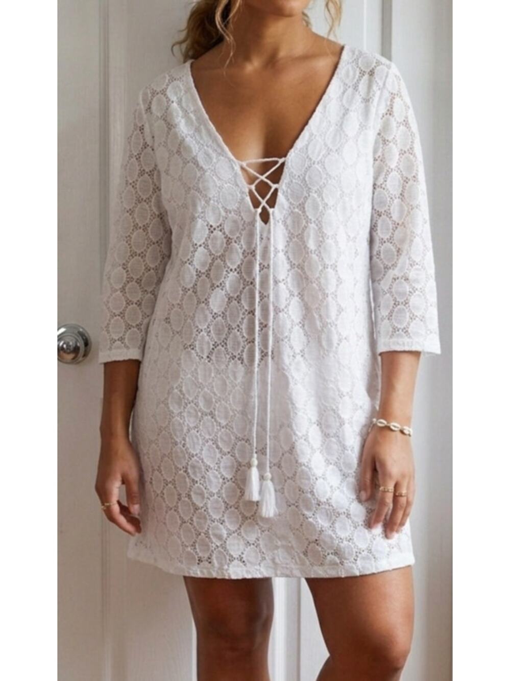 Kona Sol White Lace-Up V-Neck Swim Cover Up Dress Tassels - Size Large EUC